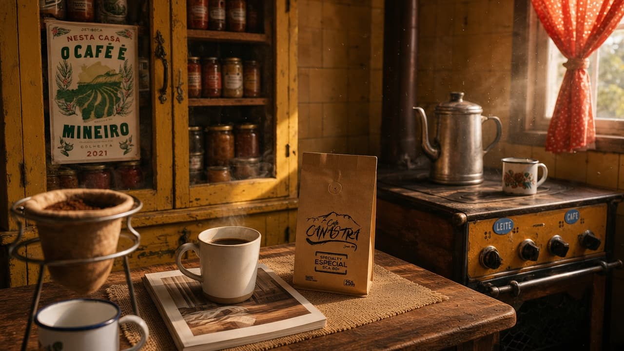 Cozinha mineira ao amanhecer: coador de pano, caneca de ágata e um pacote de Café Canastra sobre a mesa de madeira
