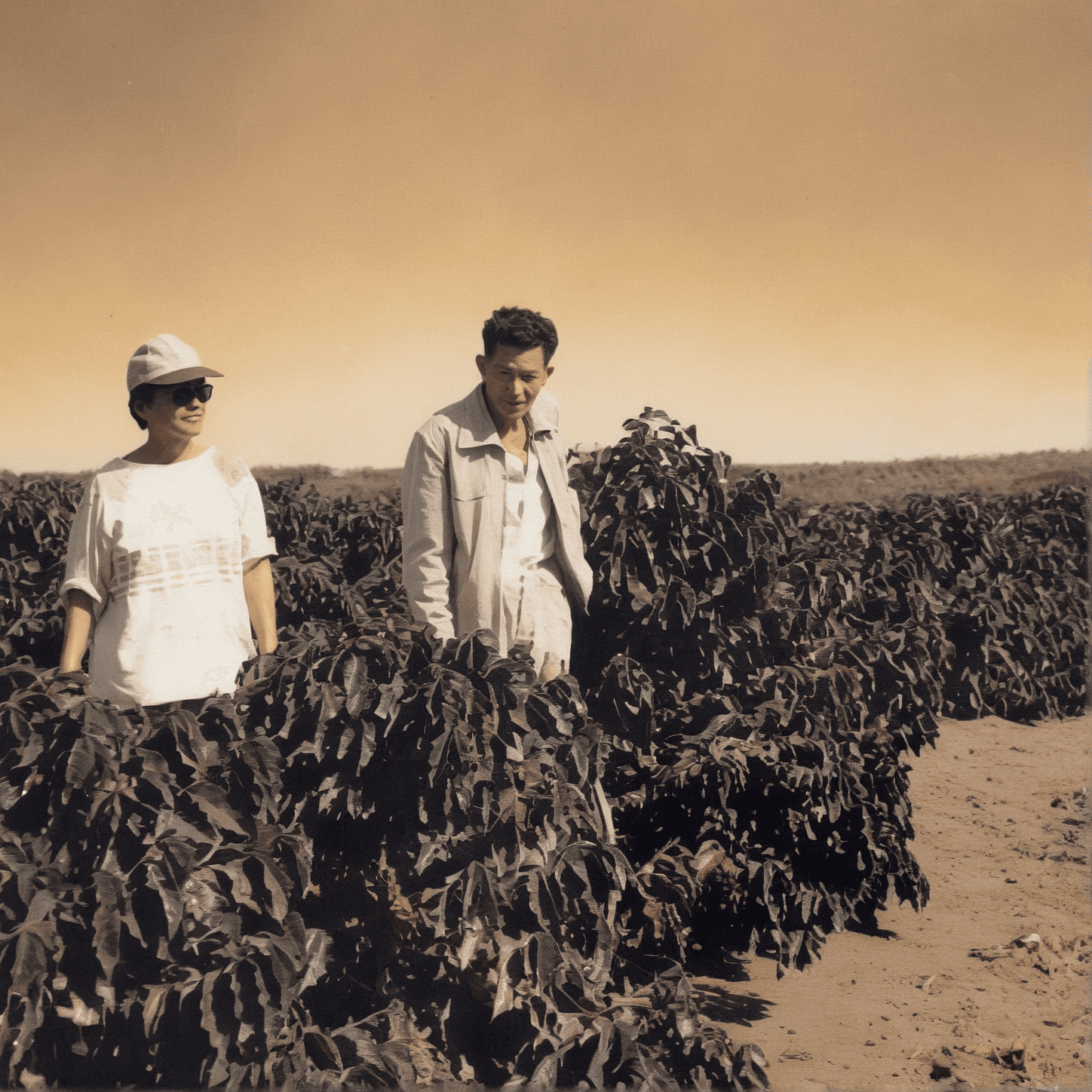 Dois produtores entre as fileiras de café, no fim da tarde